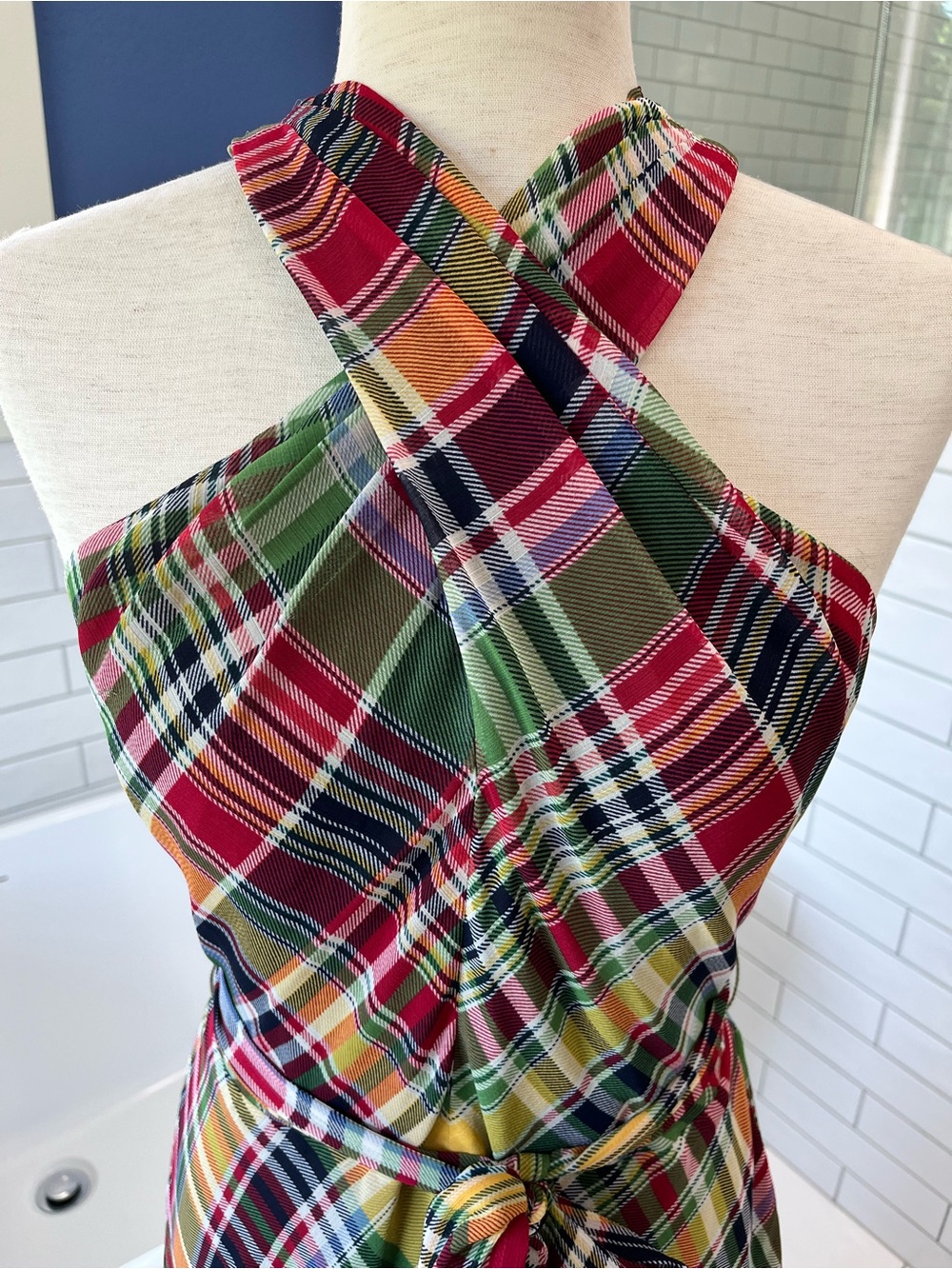 Lauren Ralph Lauren One-Shoulder Plaid Midi Dress in Green, Yellow and Red - Picture 8 of 10
